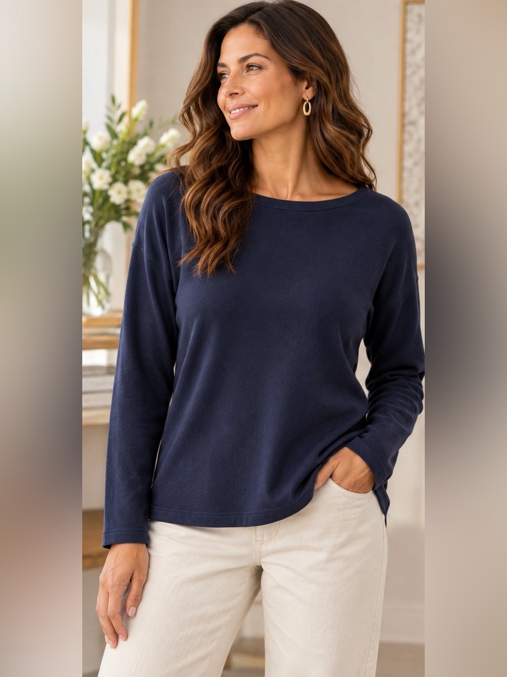 Eileen Fisher Ink Blue Boxy Boat Neck Top Lyocell Organic Cotton Large